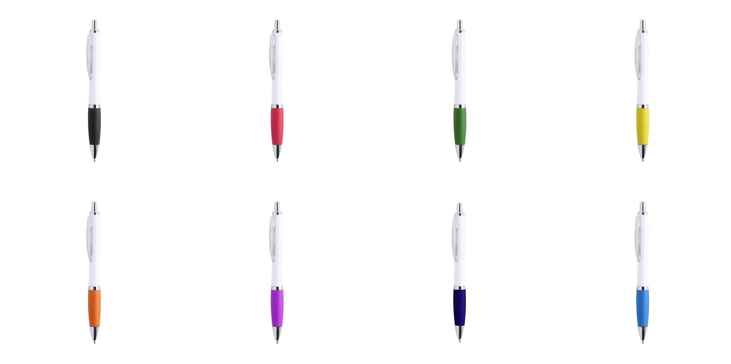 Bolígrafo publicitario estiloso y económico con detalles cromados, grip de goma negro, rojo, verde, amarillo, naranja, fucsia, azul marino y azul claro. Cuerpo blanco para personalización de empresas.