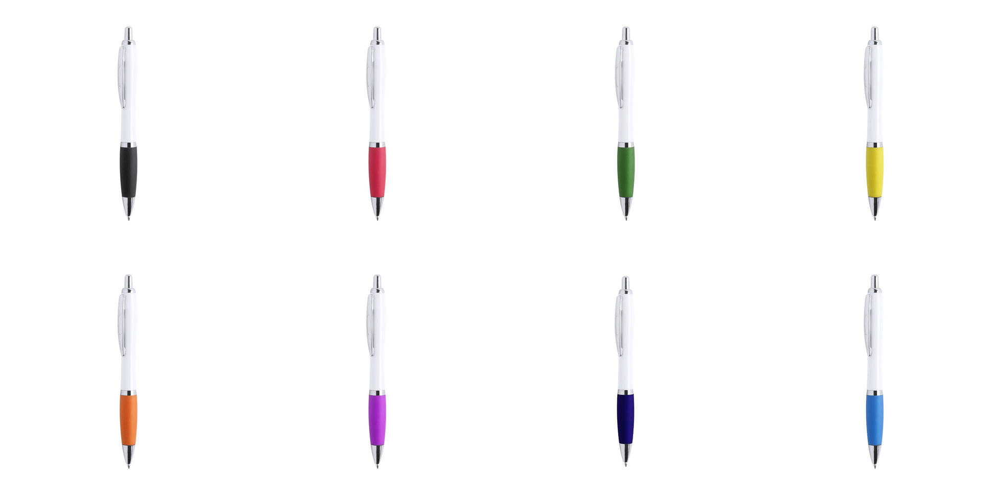 Bolígrafo publicitario estiloso y económico con detalles cromados, grip de goma negro, rojo, verde, amarillo, naranja, fucsia, azul marino y azul claro. Cuerpo blanco para personalización de empresas.