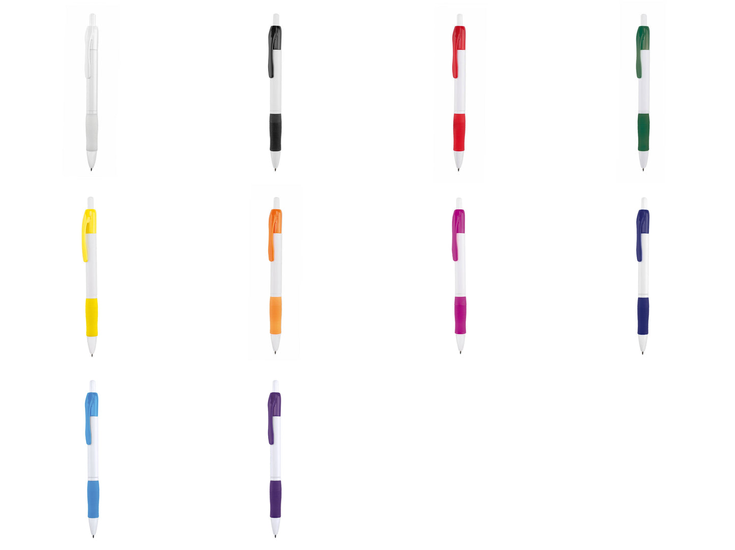 Bolígrafos publicitarios baratos con grip de goma blanco, negro, rojo, verde, amarillo, naranja, fucsia, azul marino, azul claro o morado y cuerpo blanco para personalización de empresas.