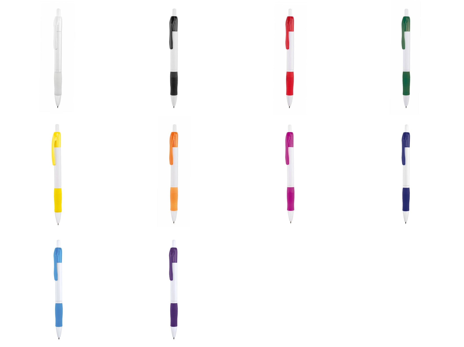 Bolígrafos publicitarios baratos con grip de goma blanco, negro, rojo, verde, amarillo, naranja, fucsia, azul marino, azul claro o morado y cuerpo blanco para personalización de empresas.