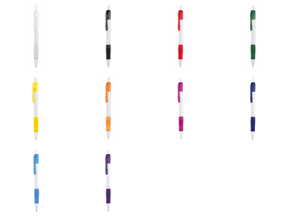 Bolígrafos publicitarios baratos con grip de goma blanco, negro, rojo, verde, amarillo, naranja, fucsia, azul marino, azul claro o morado y cuerpo blanco para personalización de empresas.