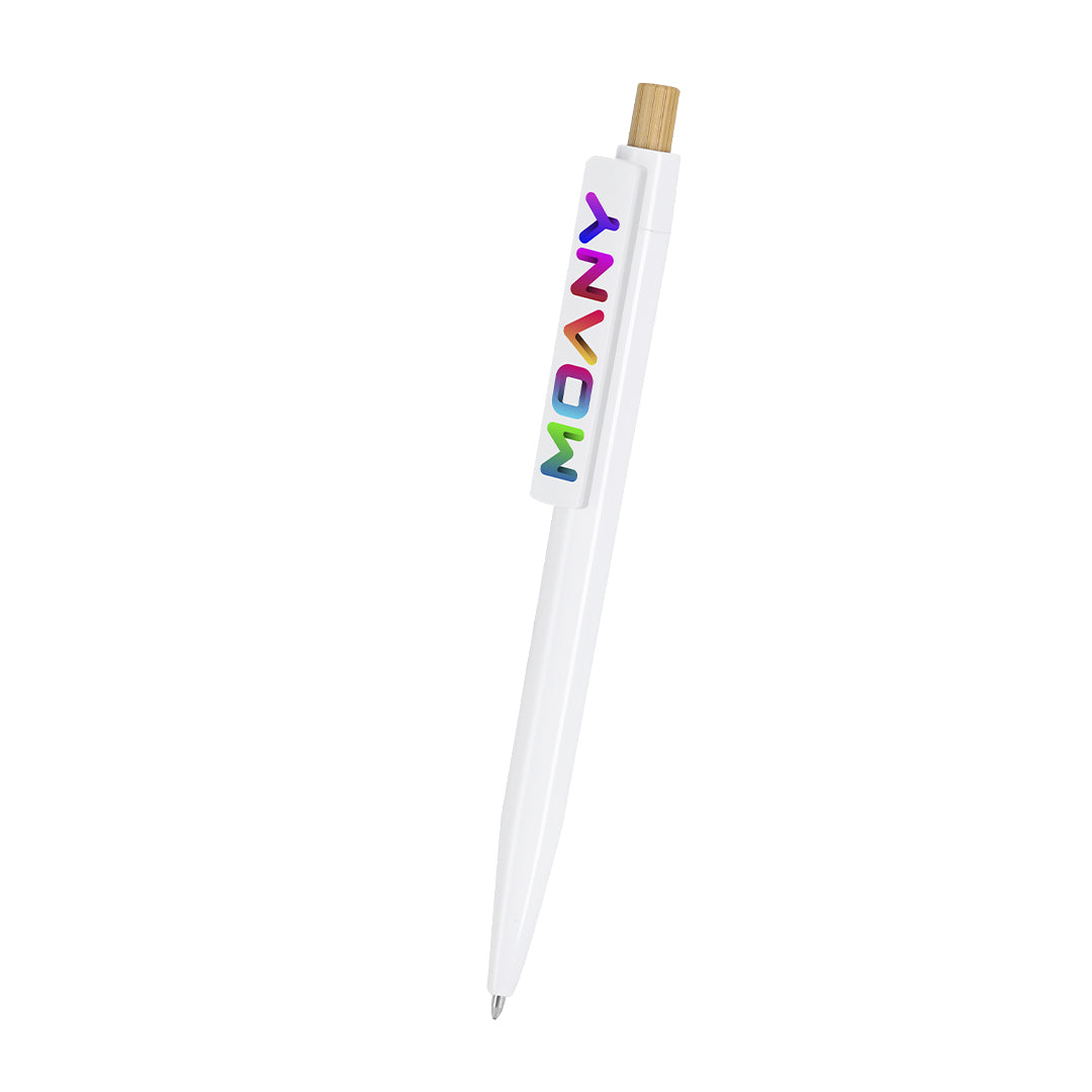 Bolígrafo publicitario Icarus con clip extra ancho personalizado a todo color y pulsador de madera natural. Logo XXL .