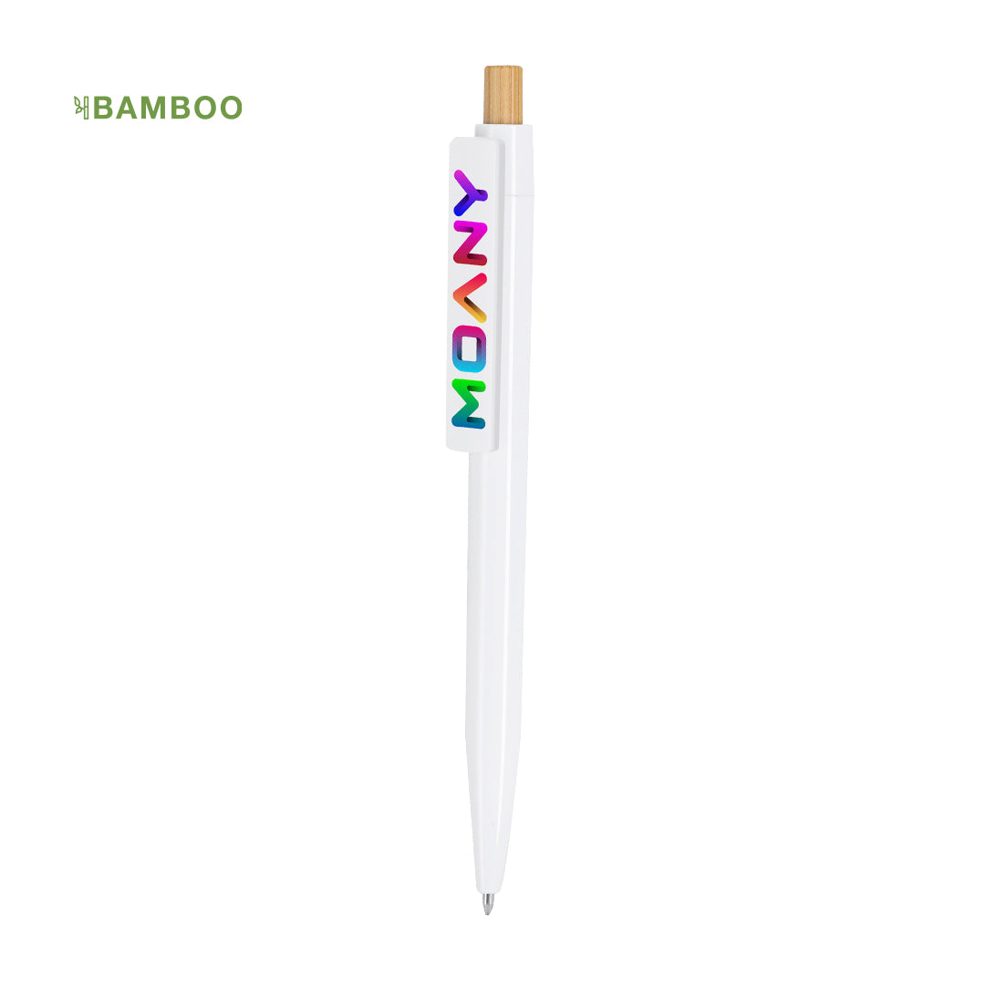 Bolígrafo publicitario Icarus con clip extra ancho personalizado a todo color y pulsador de madera natural.