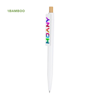 Bolígrafo publicitario Icarus con clip extra ancho personalizado a todo color y pulsador de madera natural.