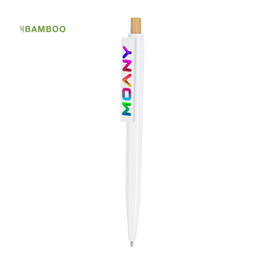 Bolígrafo publicitario Icarus con clip extra ancho personalizado a todo color y pulsador de madera natural.