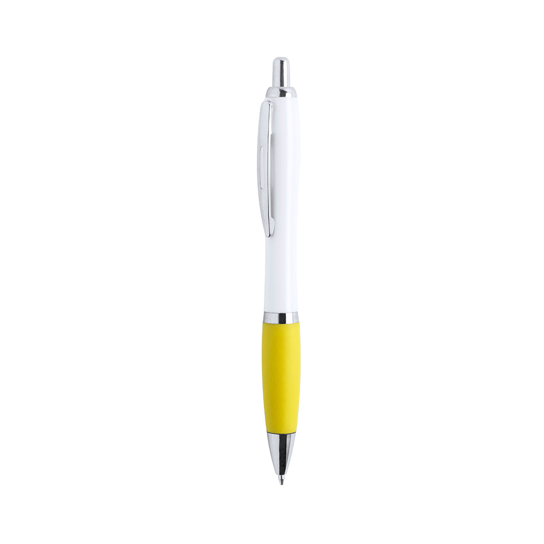 Bolígrafo publicitario estiloso y económico con detalles cromados, grip de goma amarillo y cuerpo blanco para personalización de empresas.