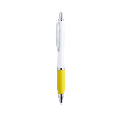 Bolígrafo publicitario estiloso y económico con detalles cromados, grip de goma amarillo y cuerpo blanco para personalización de empresas.