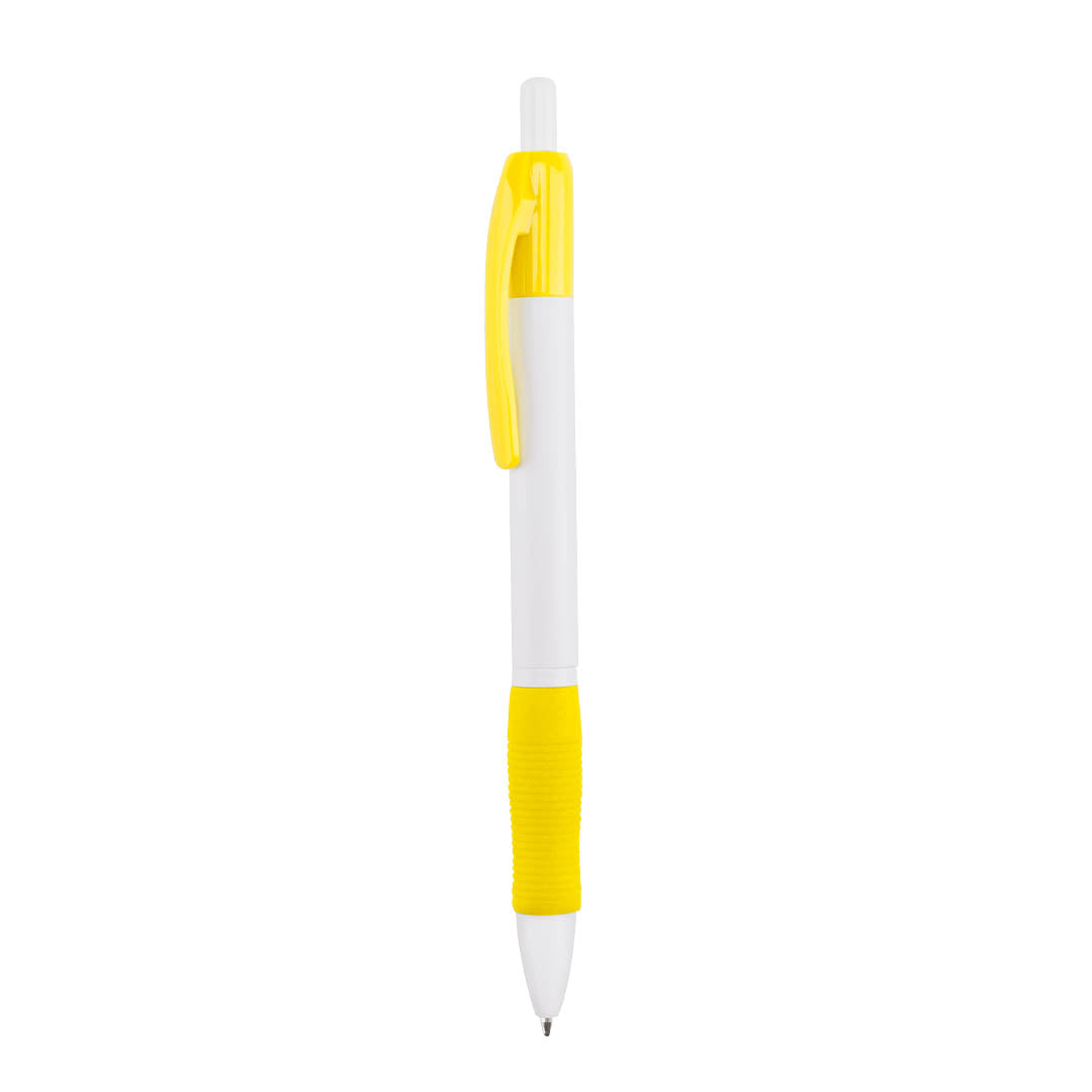 Bolígrafo publicitario barato con grip de goma amarillo y cuerpo blanco para personalización de empresas.