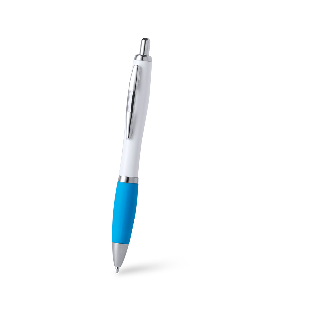 Bolígrafo publicitario estiloso y económico con detalles cromados, grip de goma azul claro y cuerpo blanco para personalización de empresas.