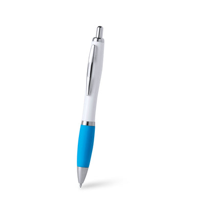 Bolígrafo publicitario estiloso y económico con detalles cromados, grip de goma azul claro y cuerpo blanco para personalización de empresas.