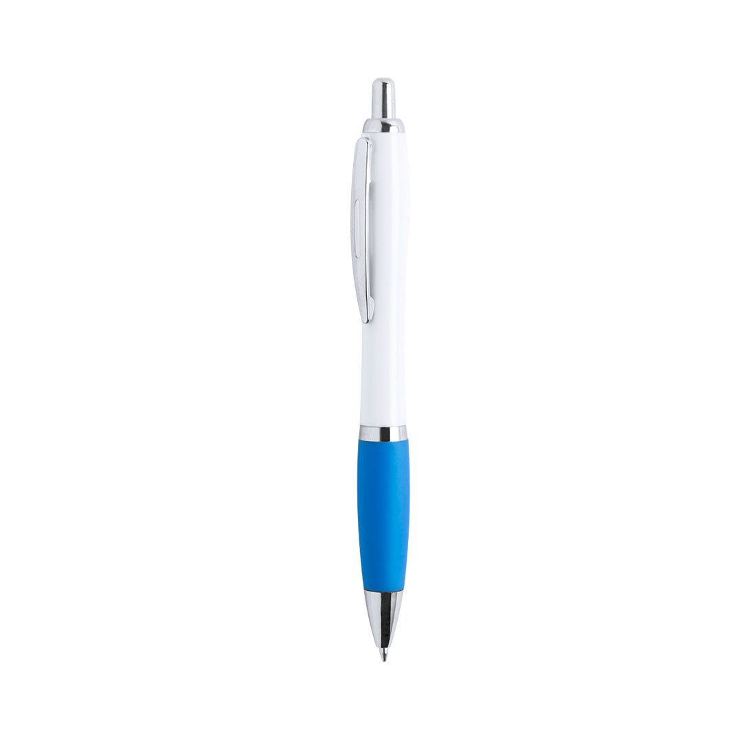 Bolígrafo publicitario estiloso y económico con detalles cromados, grip de goma azul claro y cuerpo blanco para personalización de empresas.