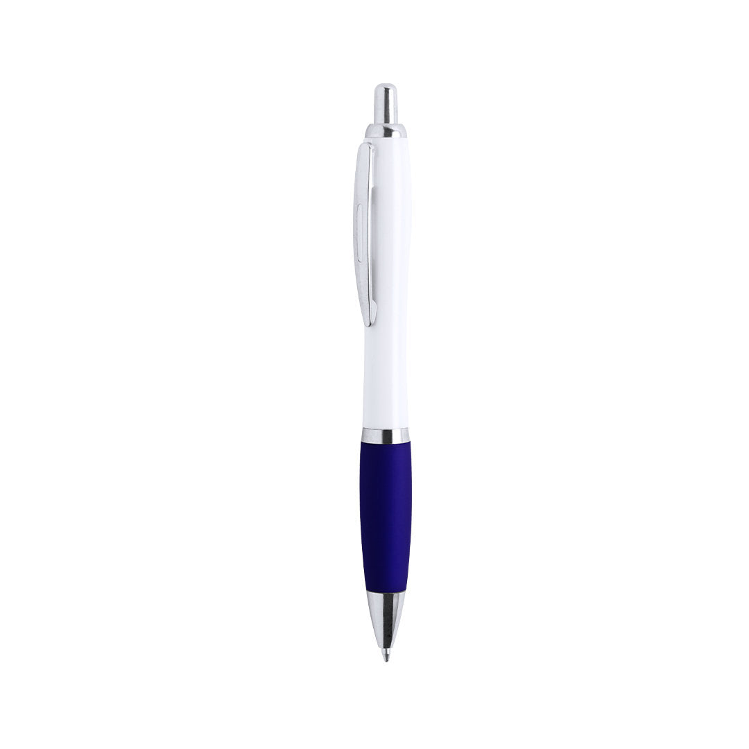 Bolígrafo publicitario estiloso y económico con detalles cromados, grip de goma azul oscuro y cuerpo blanco para personalización de empresas.