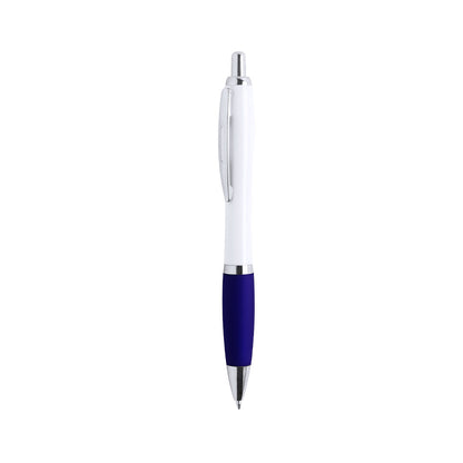 Bolígrafo publicitario estiloso y económico con detalles cromados, grip de goma azul oscuro y cuerpo blanco para personalización de empresas.