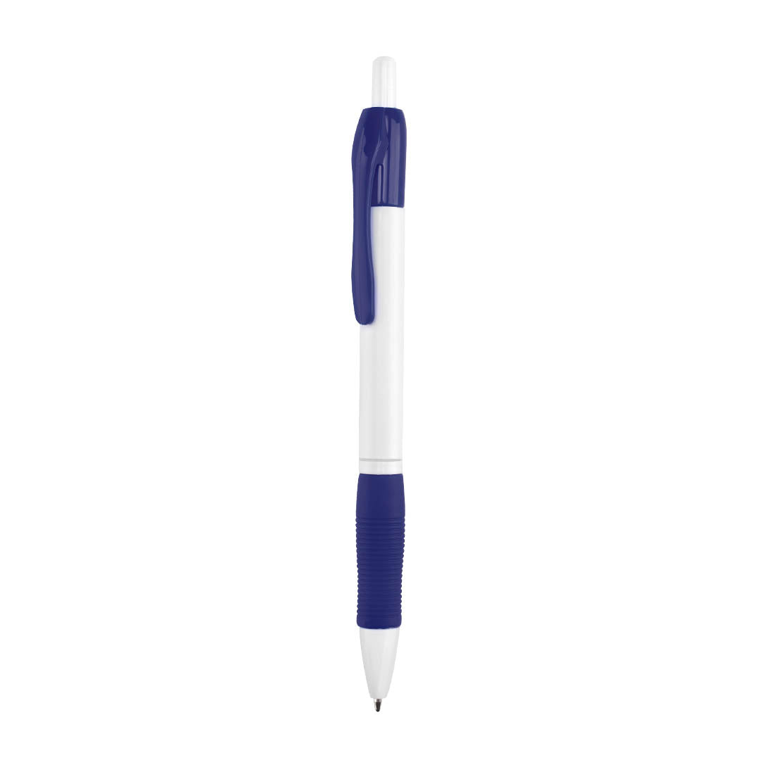 Bolígrafo publicitario barato con grip de goma azul marino y cuerpo blanco para personalización de empresas.