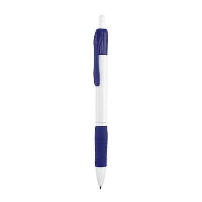 Bolígrafo publicitario barato con grip de goma azul marino y cuerpo blanco para personalización de empresas.