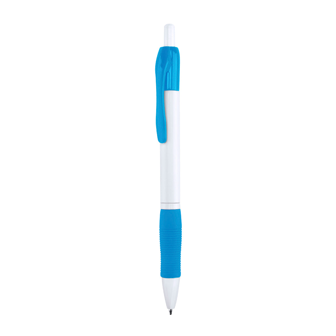 Bolígrafo publicitario barato con grip de goma azul claro y cuerpo blanco para personalización de empresas.