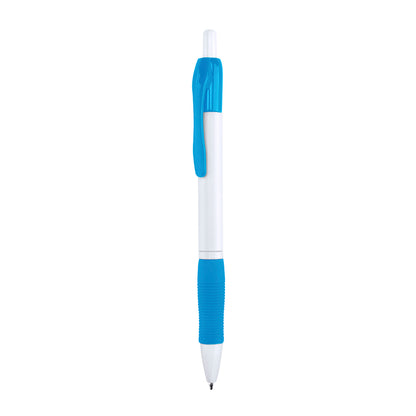 Bolígrafo publicitario barato con grip de goma azul claro y cuerpo blanco para personalización de empresas.