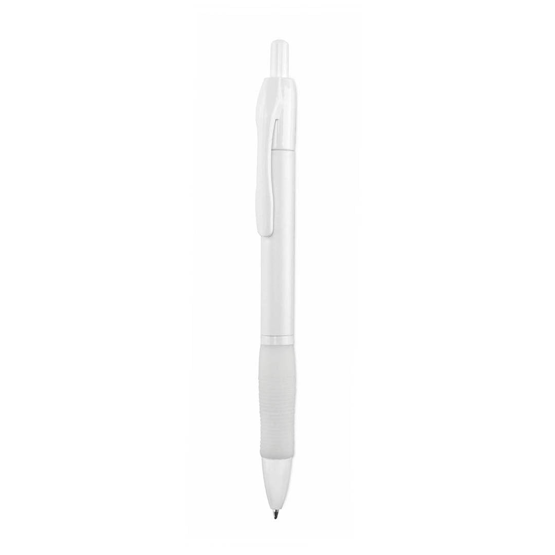 Bolígrafo publicitario barato con grip de goma blanco y cuerpo blanco para personalización de empresas.