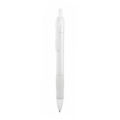 Bolígrafo publicitario barato con grip de goma blanco y cuerpo blanco para personalización de empresas.