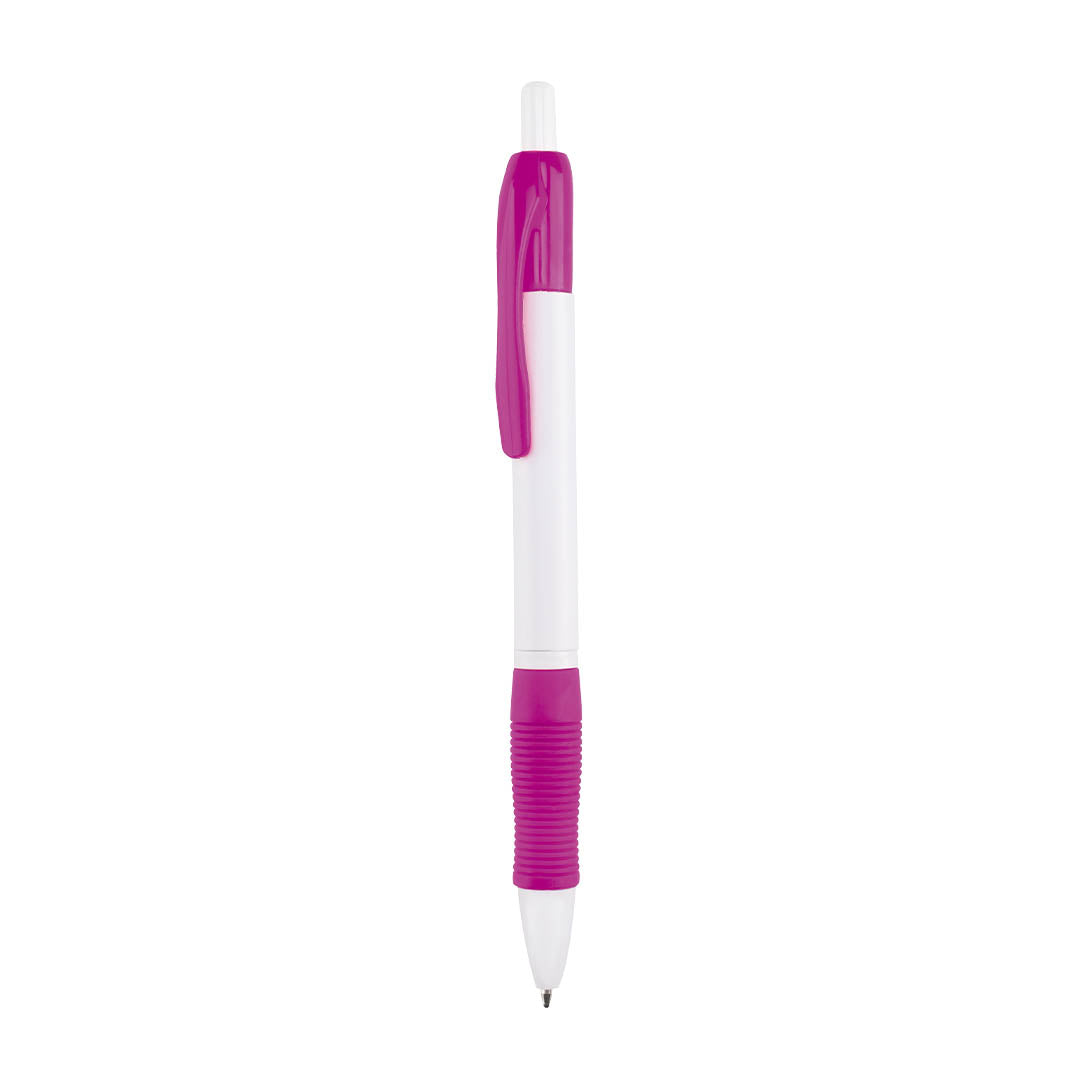 Bolígrafo publicitario barato con grip de goma fucsia y cuerpo blanco para personalización de empresas.