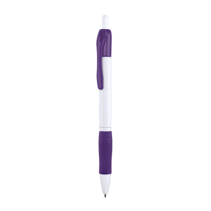 Bolígrafo publicitario barato con grip de goma morado y cuerpo blanco para personalización de empresas.