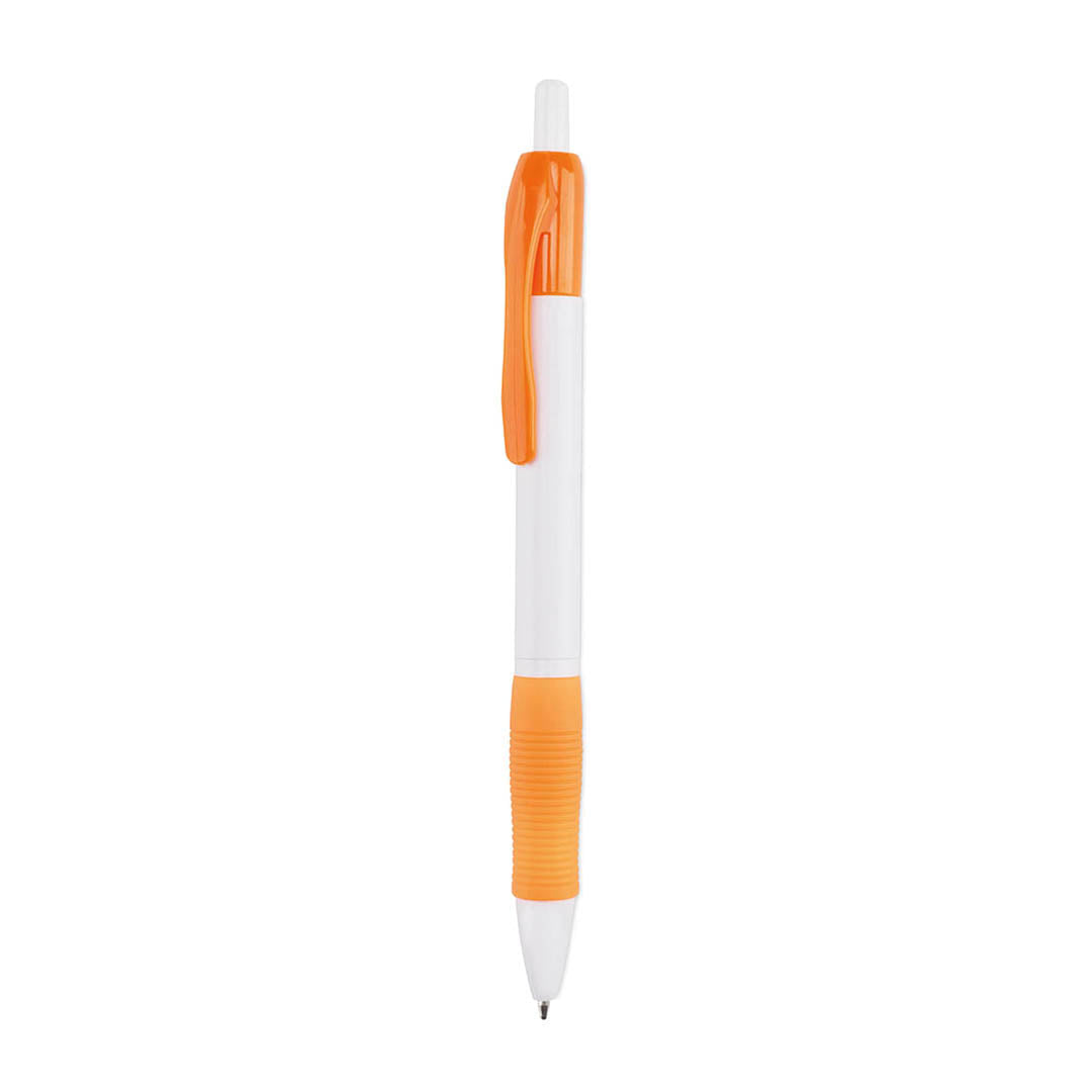 Bolígrafo publicitario barato con grip de goma naranja y cuerpo blanco para personalización de empresas.