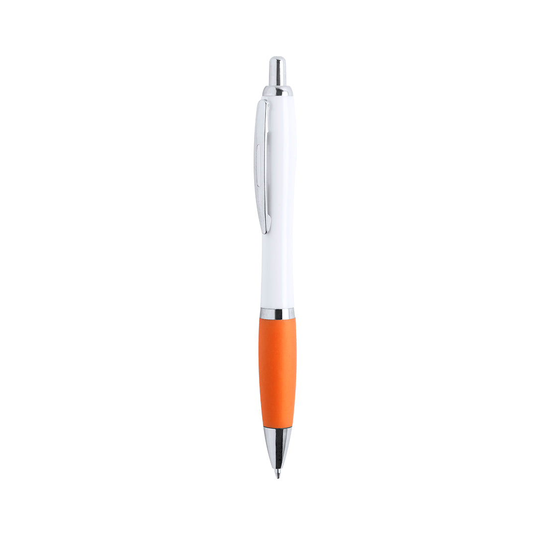 Bolígrafo publicitario estiloso y económico con detalles cromados, grip de goma naranja y cuerpo blanco para personalización de empresas.