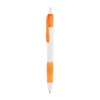 Bolígrafo publicitario barato con grip de goma naranja y cuerpo blanco para personalización de empresas.