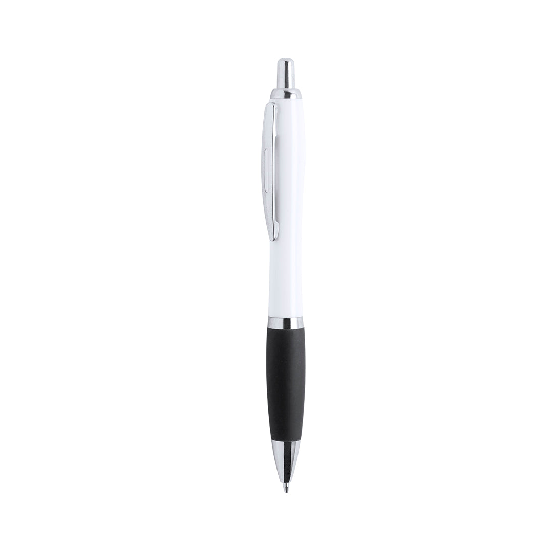Bolígrafo publicitario estiloso y económico con detalles cromados, grip de goma negro y cuerpo blanco para personalización de empresas.