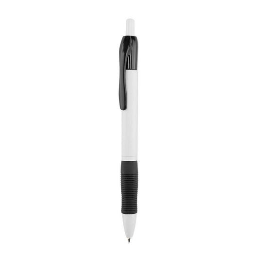 Bolígrafo publicitario barato con grip de goma negro y cuerpo blanco para personalización de empresas.