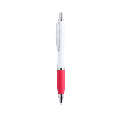 Bolígrafo publicitario estiloso y económico con detalles cromados, grip de goma rojo y cuerpo blanco para personalización de empresas.