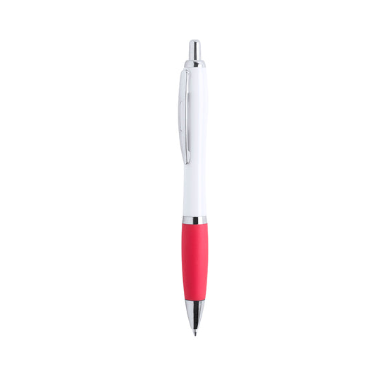 Bolígrafo publicitario estiloso y económico con detalles cromados, grip de goma rojo y cuerpo blanco para personalización de empresas.