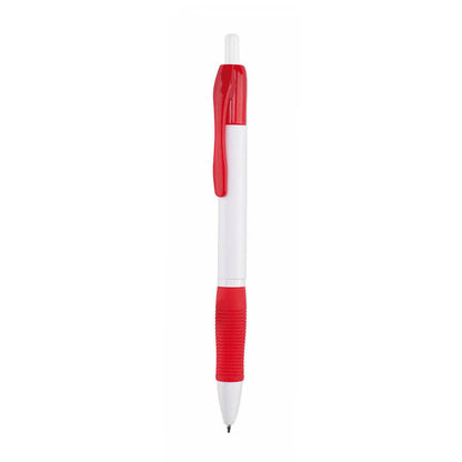 Bolígrafo publicitario barato con grip de goma rojo y cuerpo blanco para personalización de empresas.
