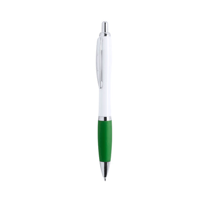 Bolígrafo publicitario estiloso y económico con detalles cromados, grip de goma verde oscuro y cuerpo blanco para personalización de empresas.