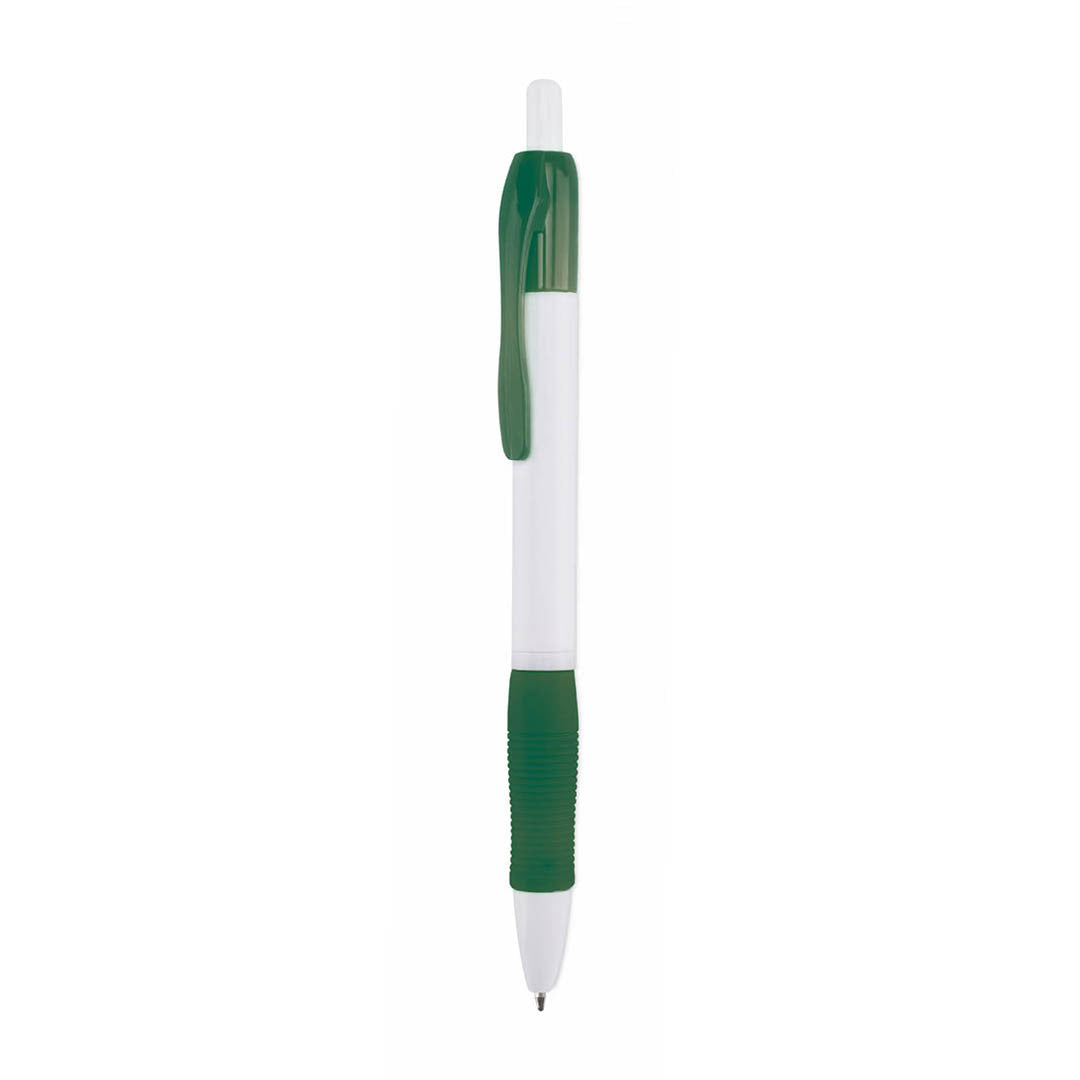 Bolígrafo publicitario barato con grip de goma verde oscuro y cuerpo blanco para personalización de empresas.